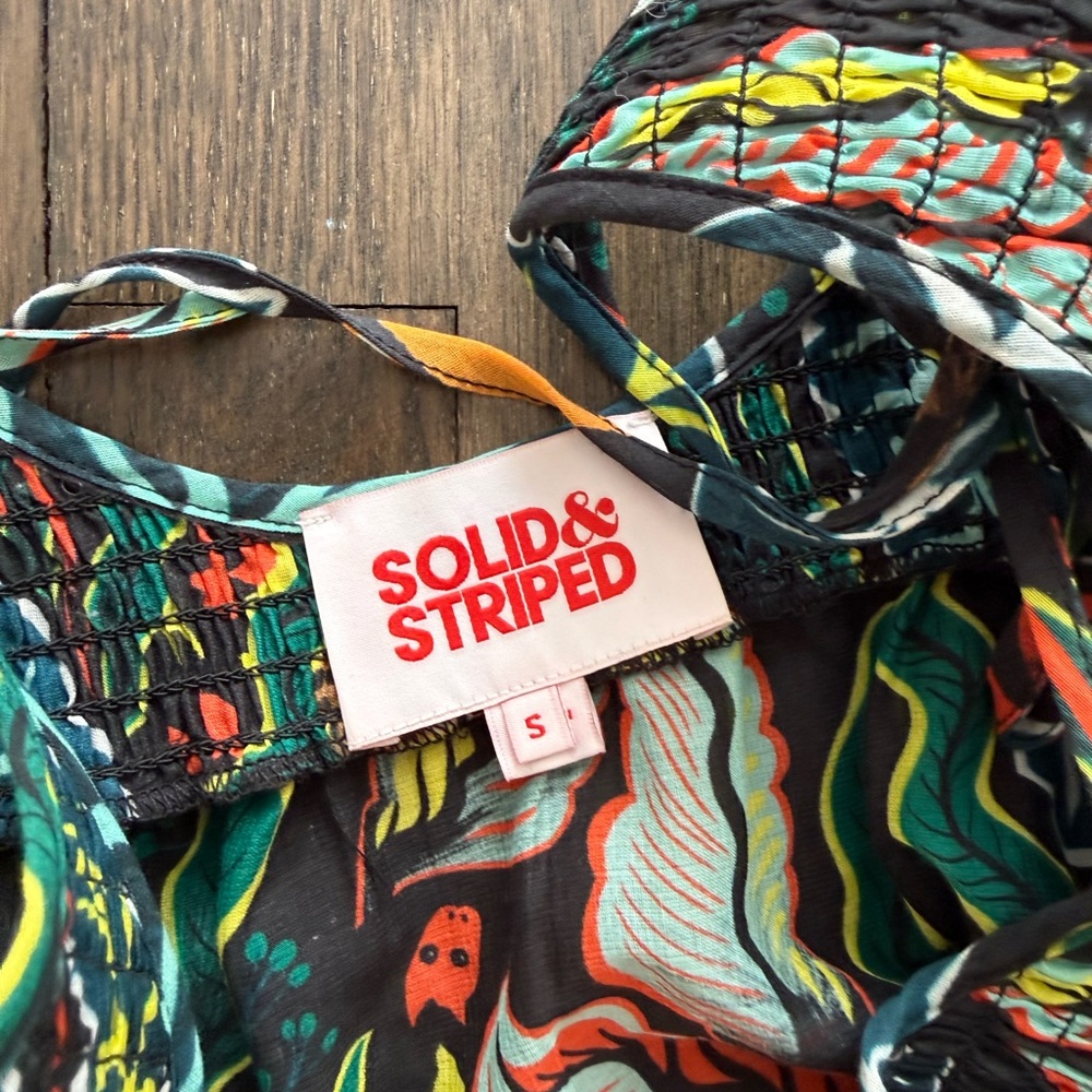 SOLID & STRIPED Black Tropical Print Swim Top with Multicolor Accents
